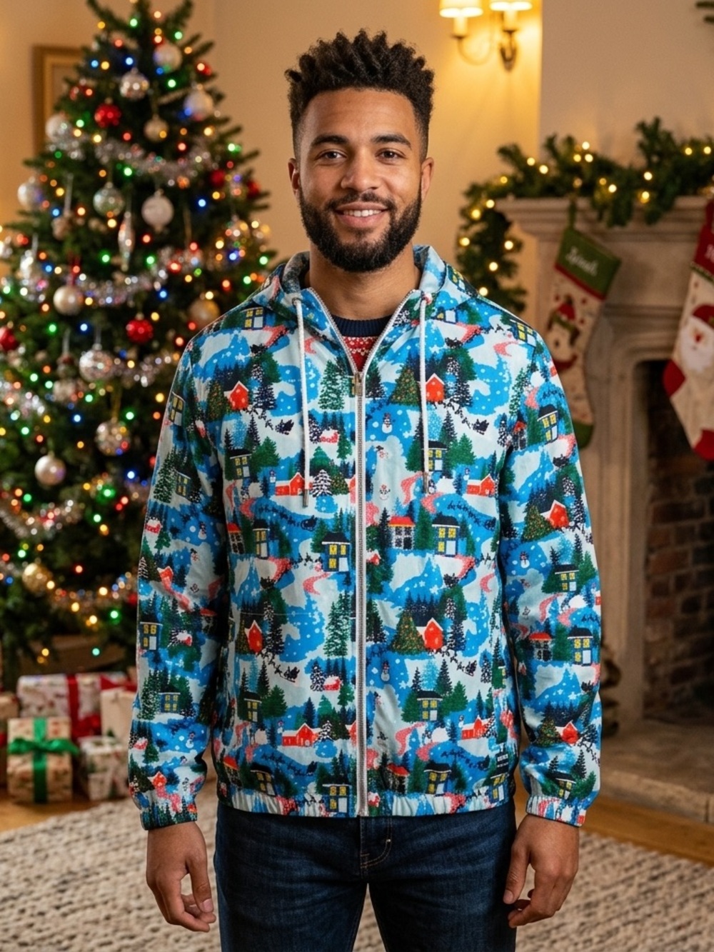 Denim & Flower Ricky Singh Blue Holiday Village Zip-Up Lightweight Jacket Size M